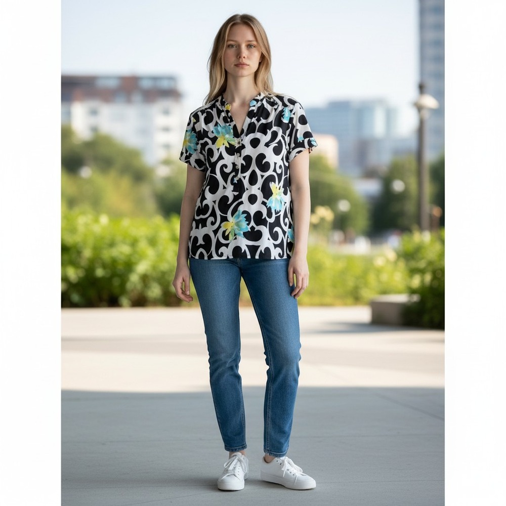 Alfani Womens 1X Blouse Black White Damask Blue Yellow Floral Henley Artistic